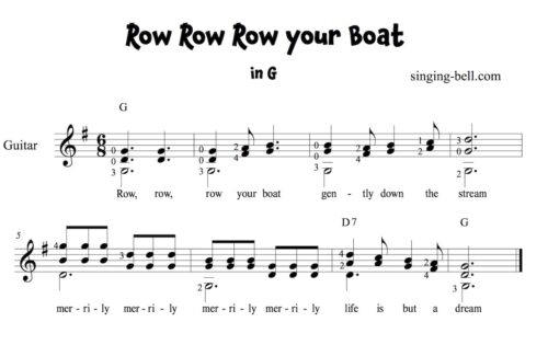 Row Row Row Your Boat Easy Guitar Sheet Music for Beginners in G major.