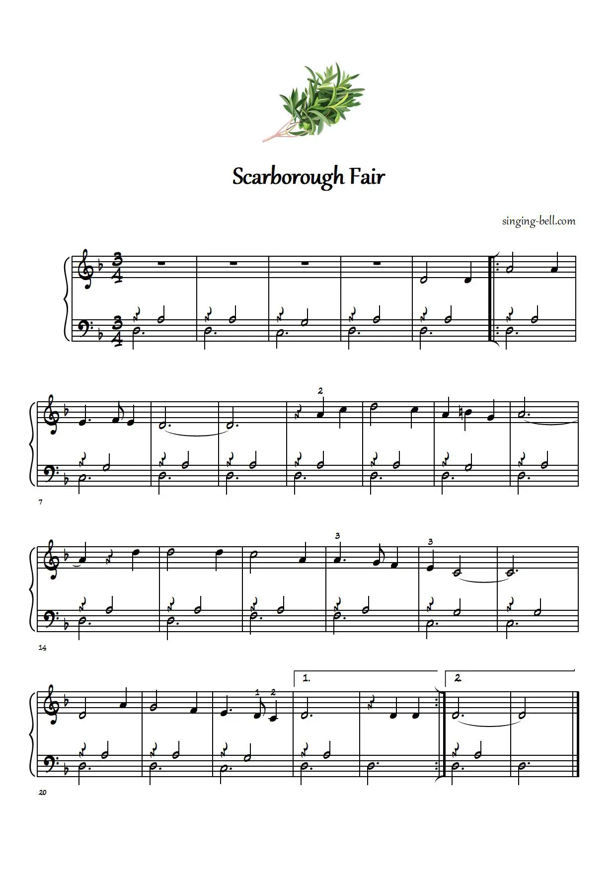Scarborough Fair easy piano sheet music notes beginners pdf
