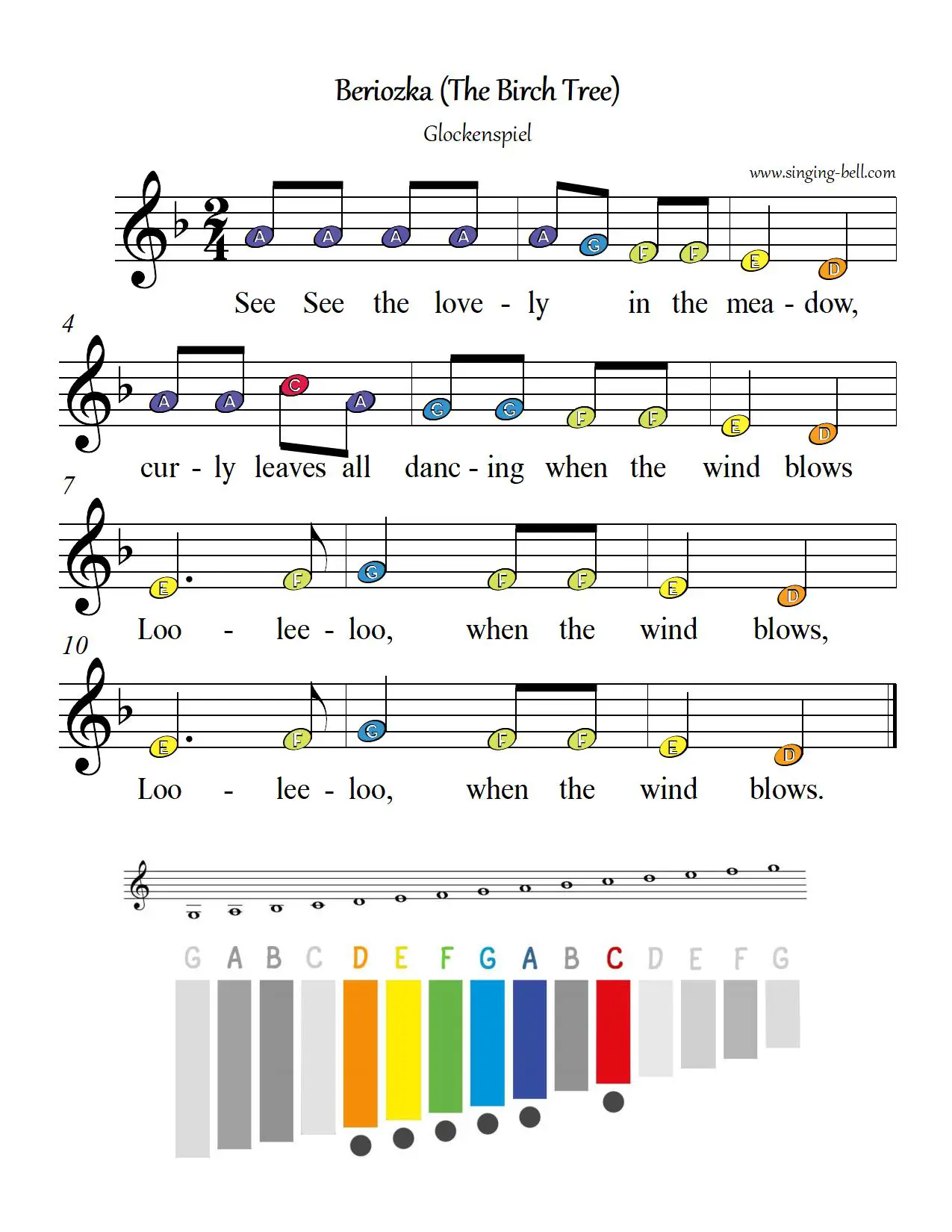 Beriozka The Birch Tree free xylophone glockenspiel sheet music color notes chart pdf