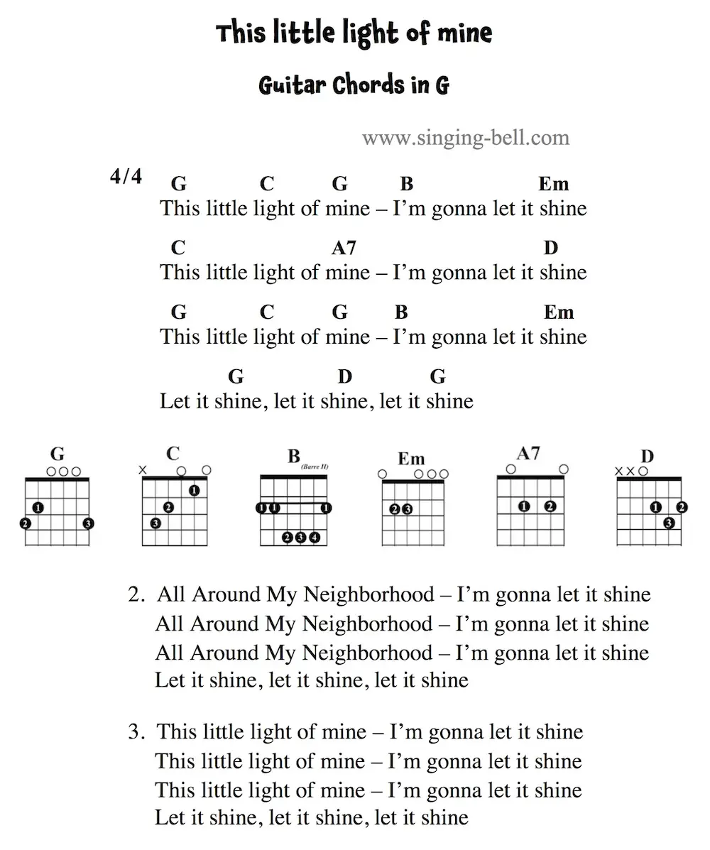 This little light of mine Easy Guitar Chords and Tabs in G major.