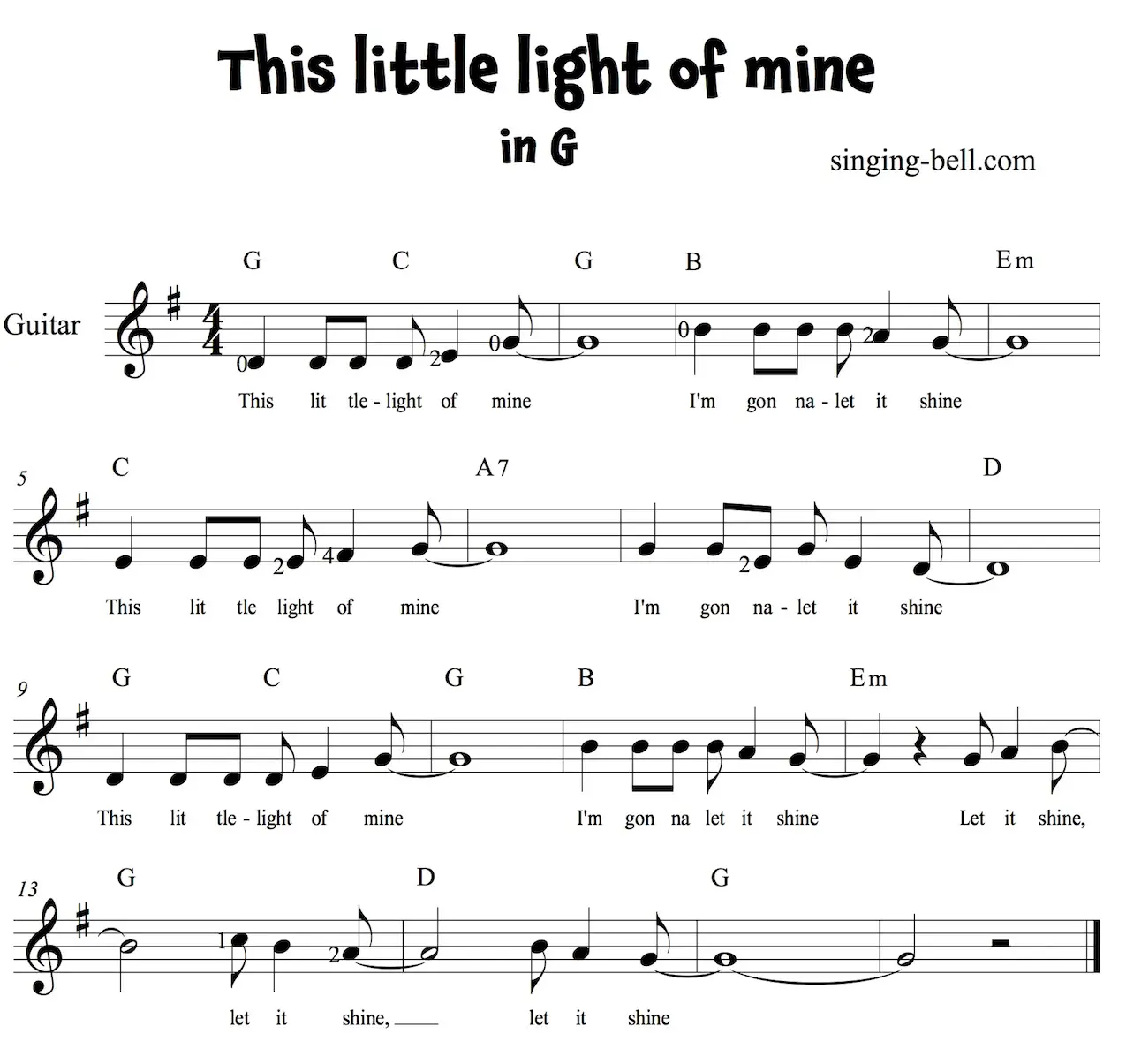 This little light of mine Easy Beginners Guitar Sheet Music with Chords in G major.
