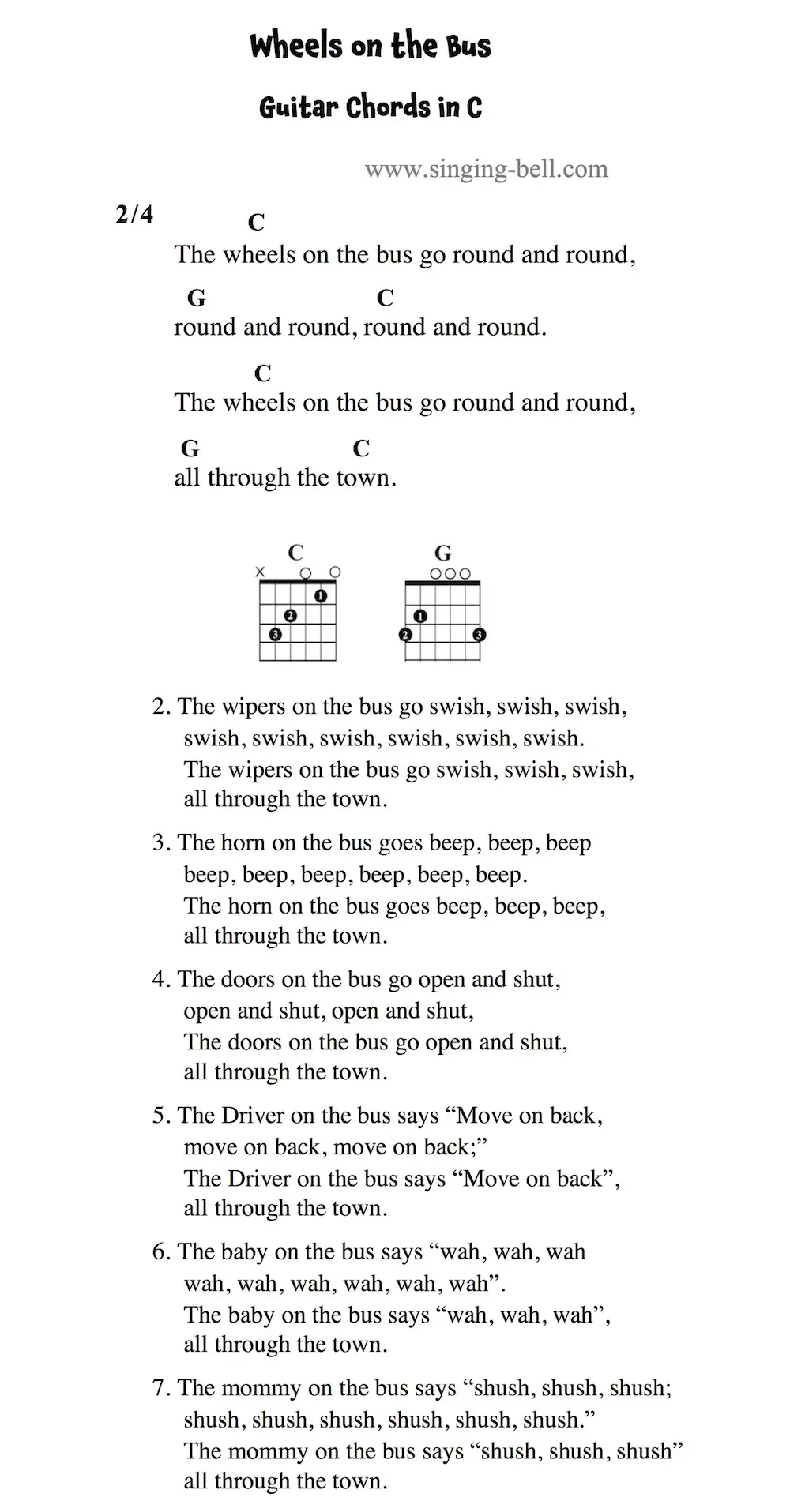 Wheels on the Bus Easy Guitar Chords and Tabs in C.