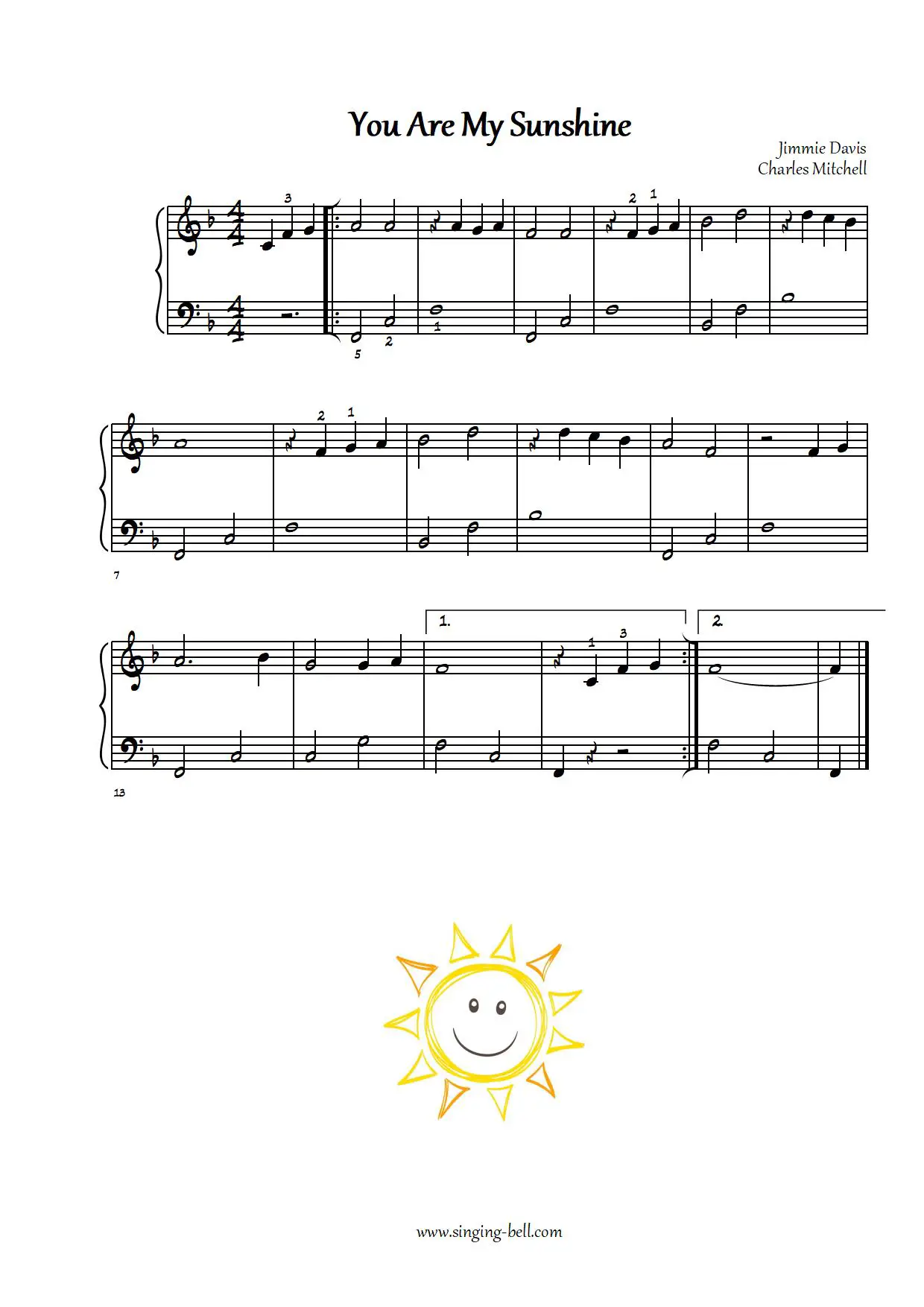 You Are My Sunshine easy piano sheet music notes beginners pdf