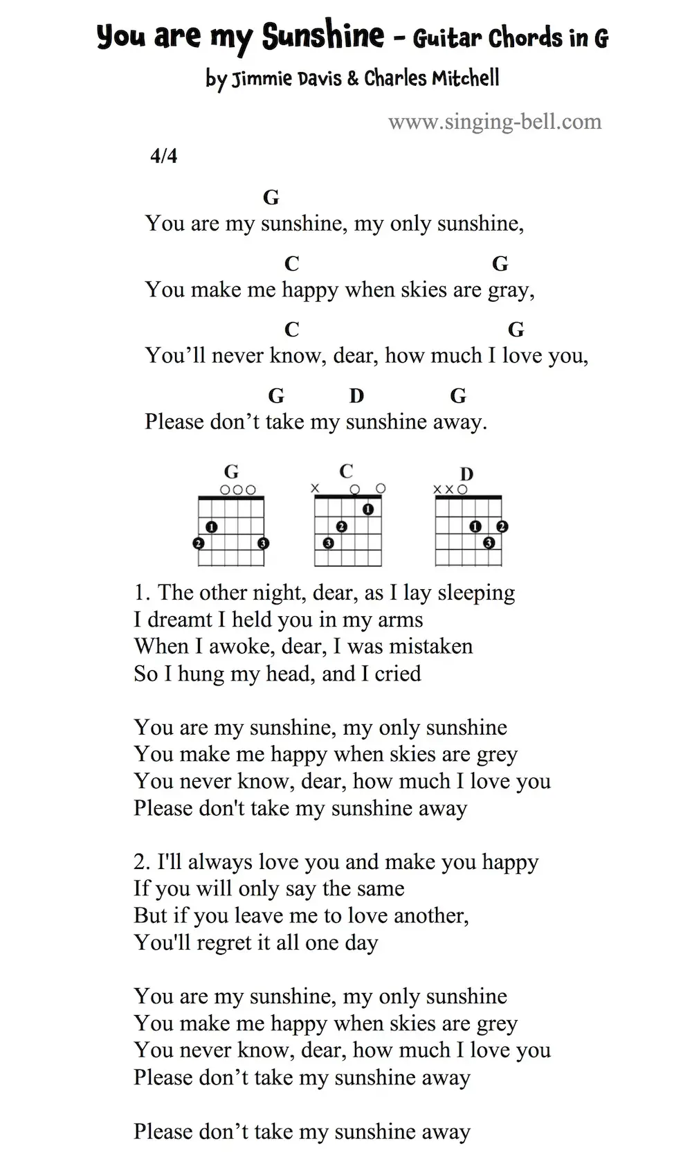 You are my Sunshine Easy Guitar Chords and Tabs in G.