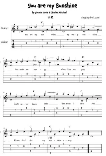 You are my sunshine Easy Guitar Sheet Music with notes and tablature in C.