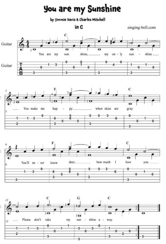 You are my sunshine Easy Guitar Sheet Music with notes and tablature in C.