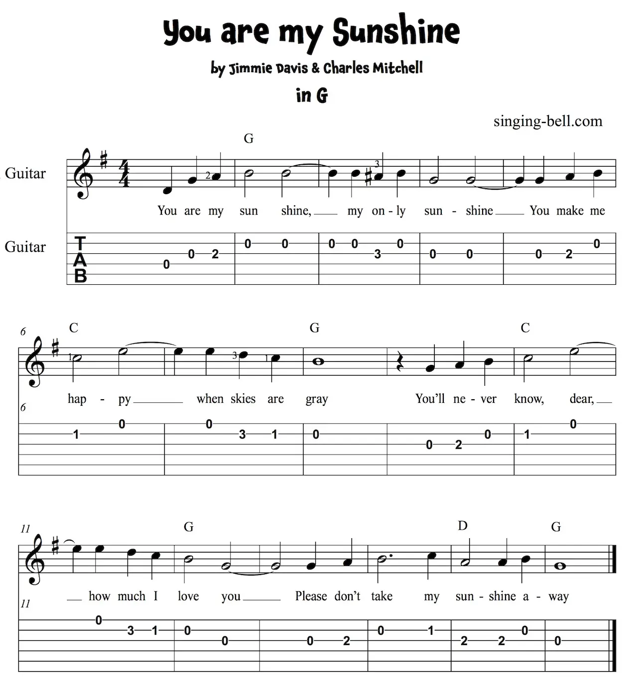 You are my Sunshine Easy Beginners Guitar Sheet Music and Tablature in G.