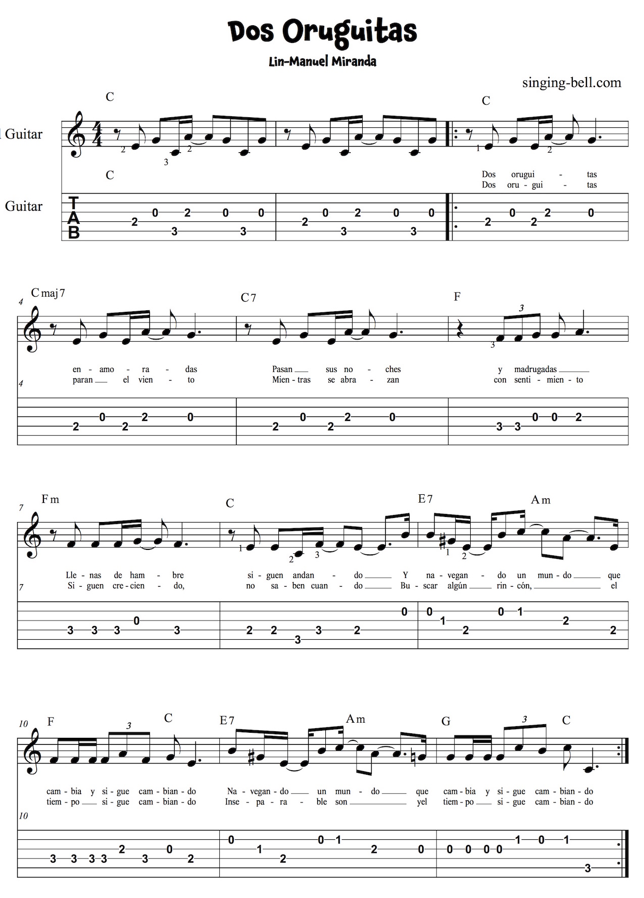 Dos Oruguitas Easy Guitar Sheet Music with notes and tablature page 1.