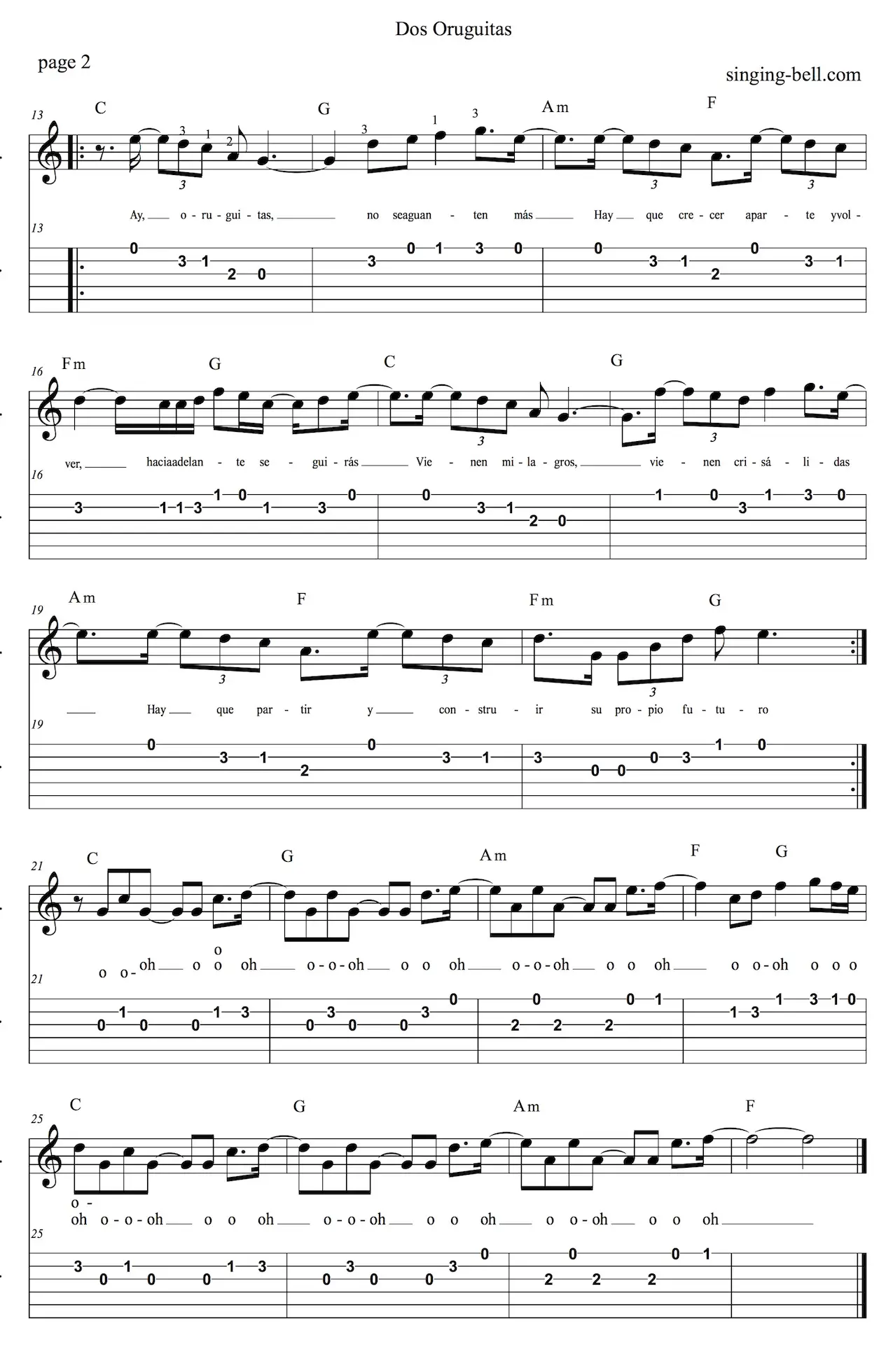 Dos Oruguitas Easy Guitar Sheet Music with notes and tablature page 2.
