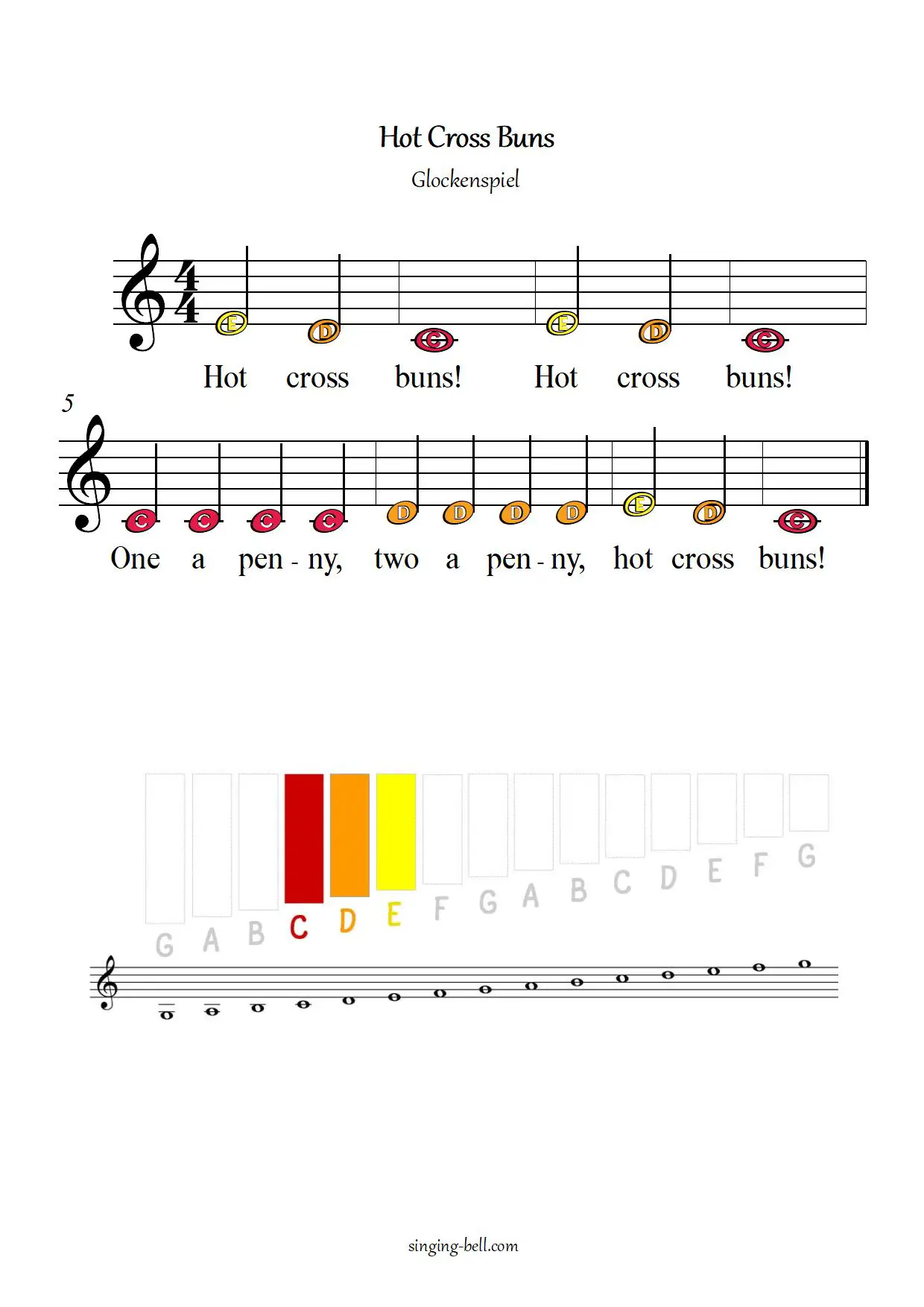 Hot Cross Buns free xylophone glockenspiel sheet music letters color notes chart pdf