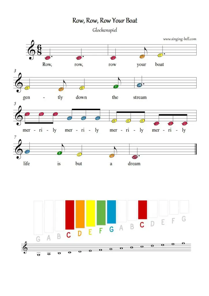 Row row row your boat free xylophone glockenspiel sheet music letters color notes chart pdf