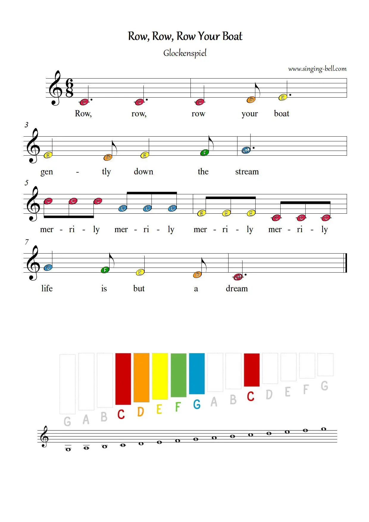 Row row row your boat free xylophone glockenspiel sheet music color notes chart pdf