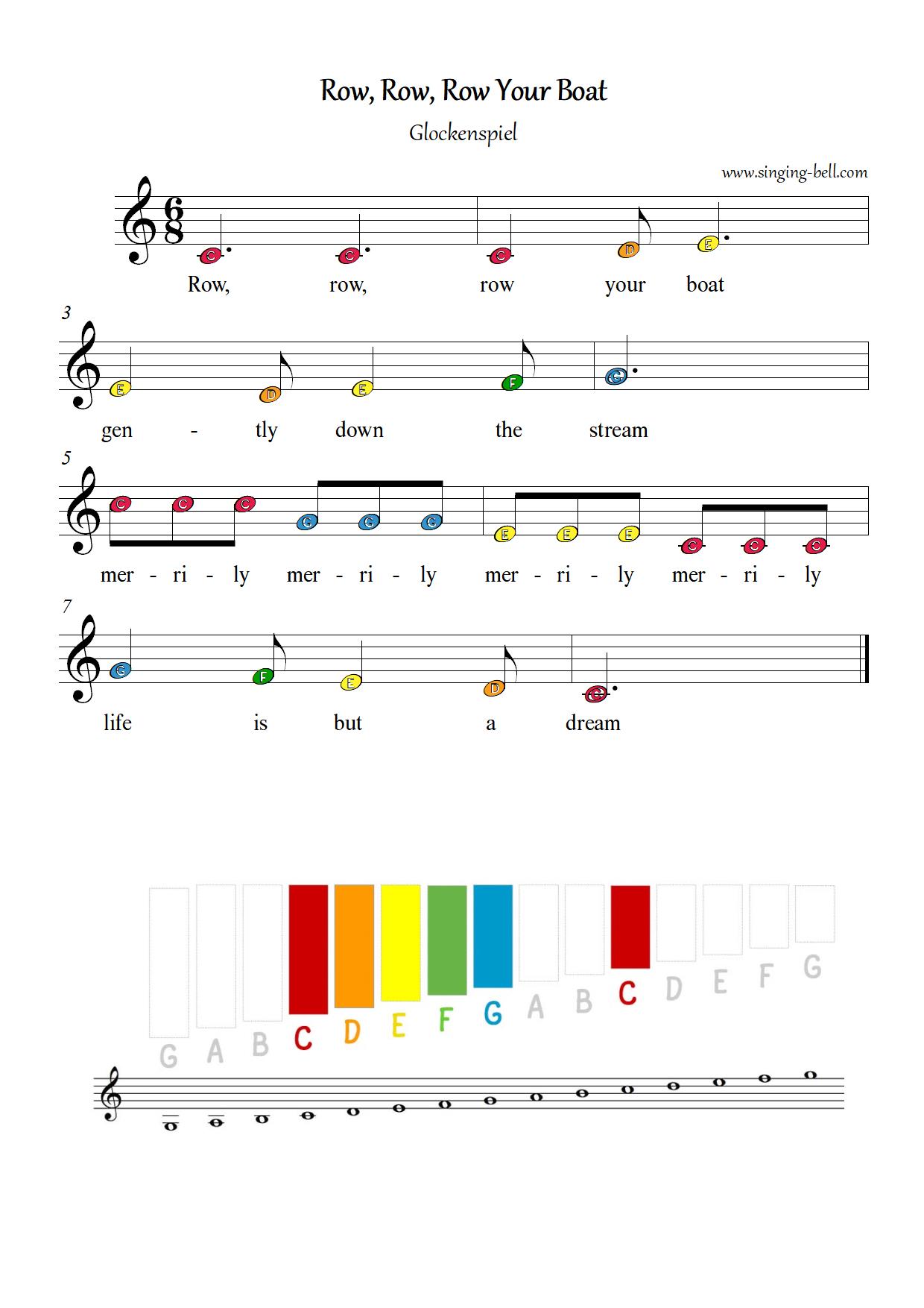 Row row row your boat free xylophone glockenspiel sheet music color notes chart pdf