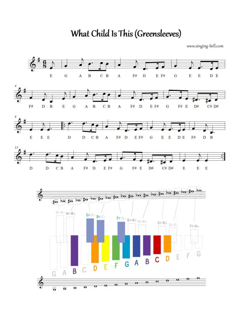 What_Child_Is_This free xylophone glockenspiel sheet music letters color notes chart pdf