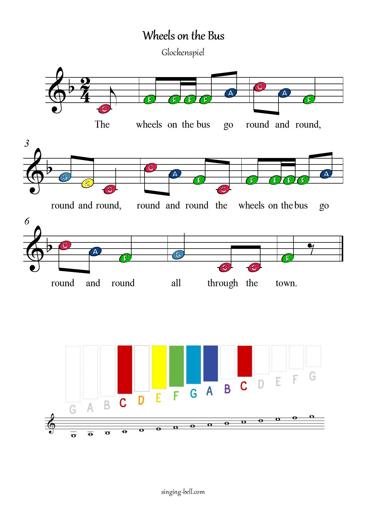 Wheels on the Bus free xylophone glockenspiel sheet music color letter notes chart pdf