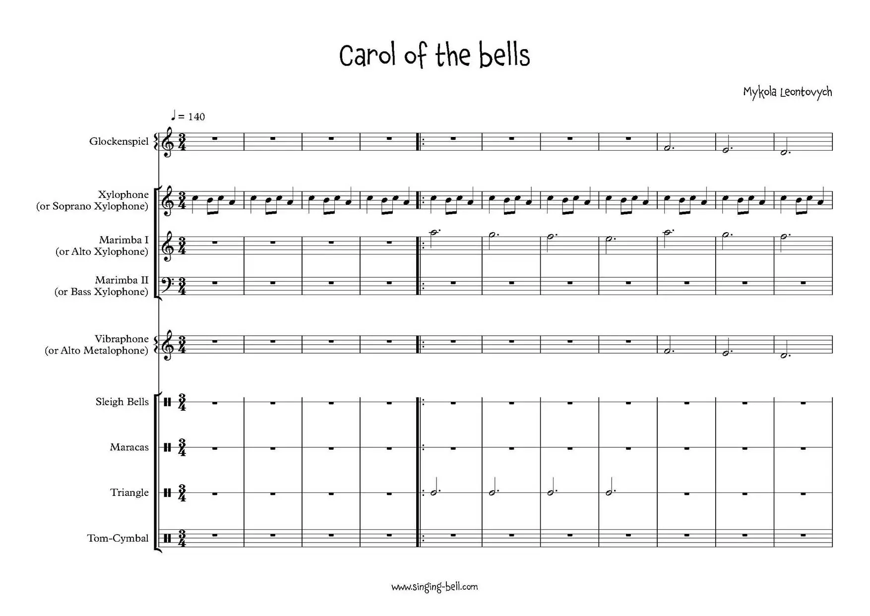 Carol of the bells mallet percussion ensemble orff arrangement sheet music page 1