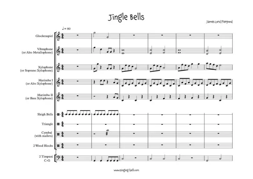 Jingle Bells mallets percussion ensemble orff arrangement sheet music page 1