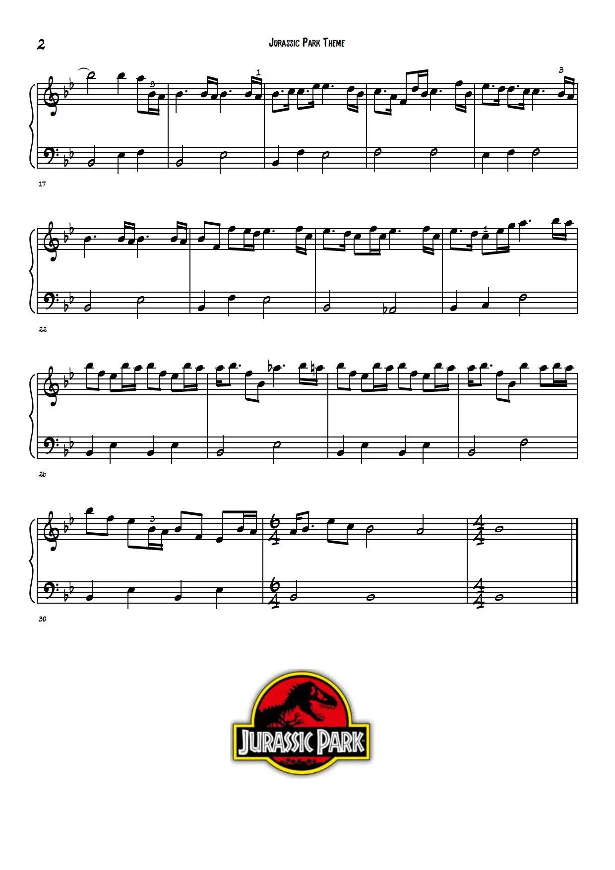 Jurassic Park Theme-2 easy piano sheet music notes chords beginners pdf