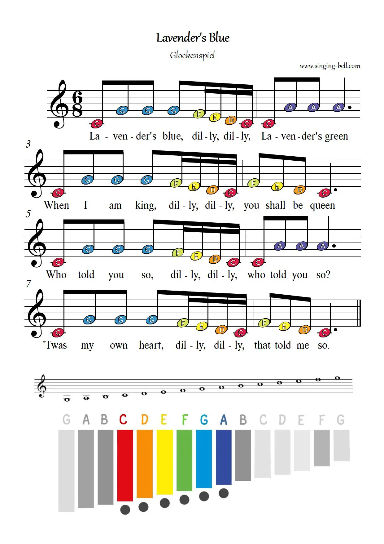 Lavender's Blue free xylophone glockenspiel sheet music color notes chart pdf