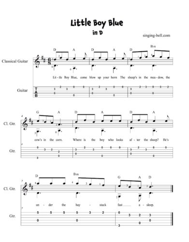 Little Boy Blue Easy Guitar Sheet Music with Notes and Tablature in D.