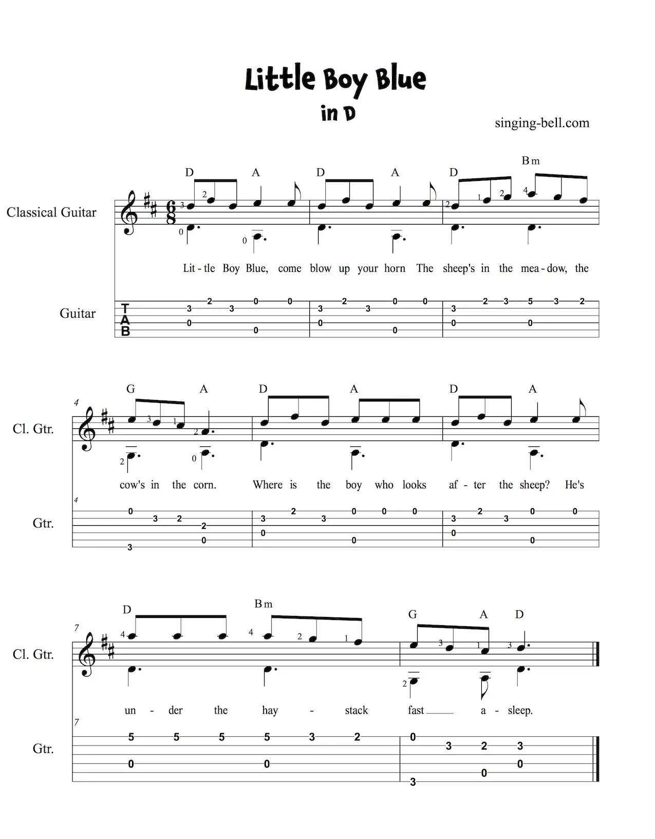 Little Boy Blue Easy Guitar Sheet Music with Notes and Tablature in D.