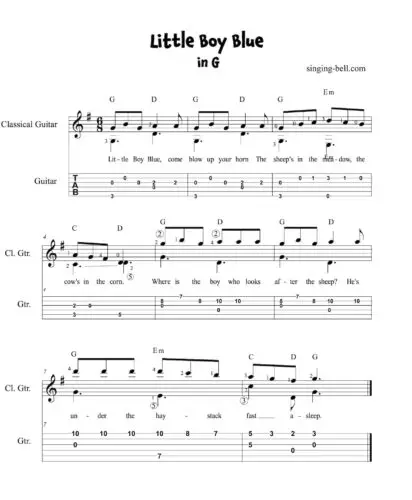 Little Boy Blue Easy Guitar Sheet Music with Notes and Tablature in G.