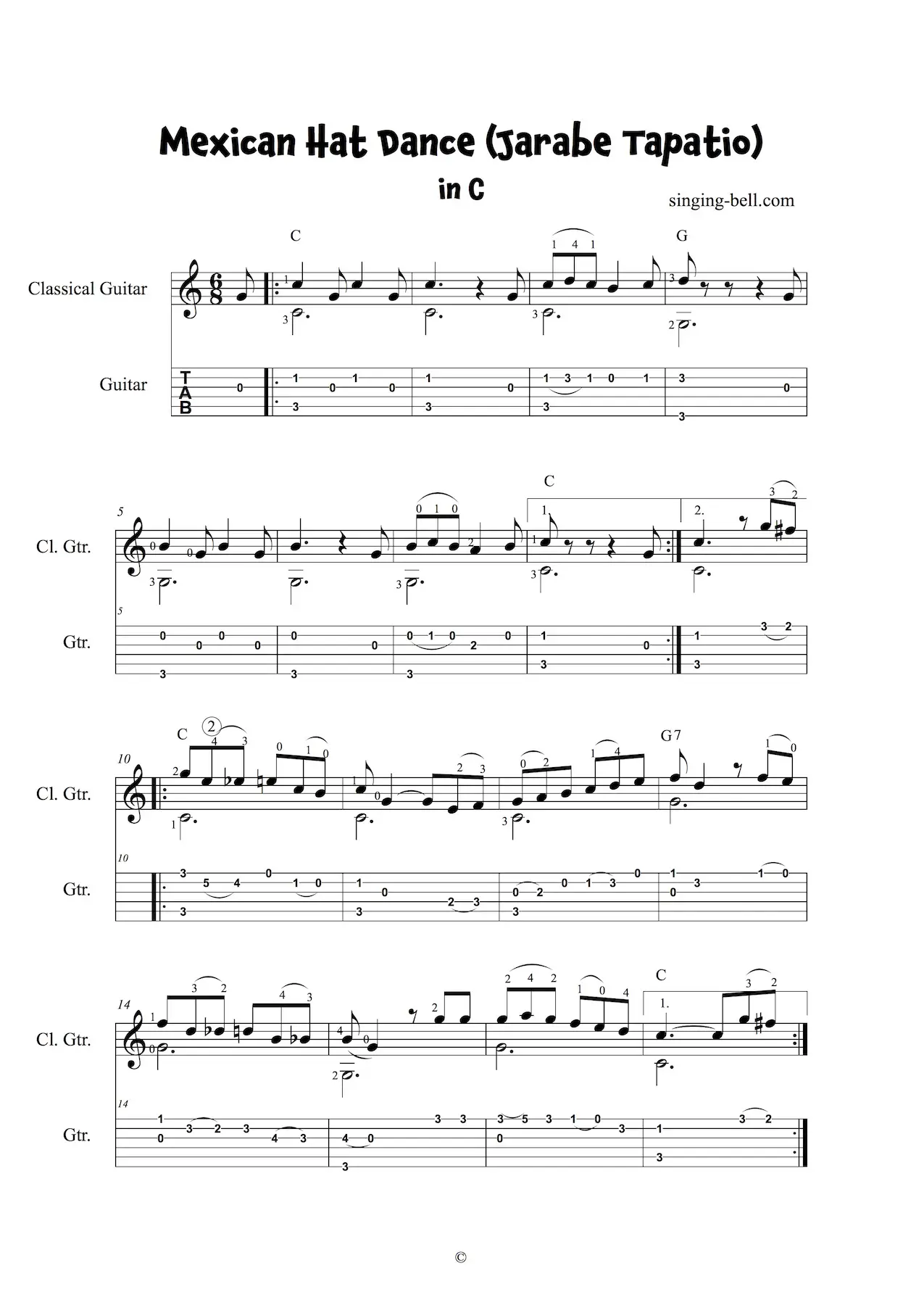 Mexican Hat Dance Jarabe Tapatio Easy Guitar Sheet Music with Notes and Tablature in C page 1.