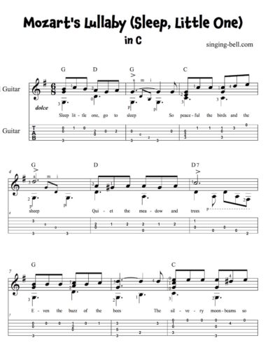 Mozart's Lullaby - Sleep Little One - Easy Guitar Sheet Music with Notes and Tablature page 1.