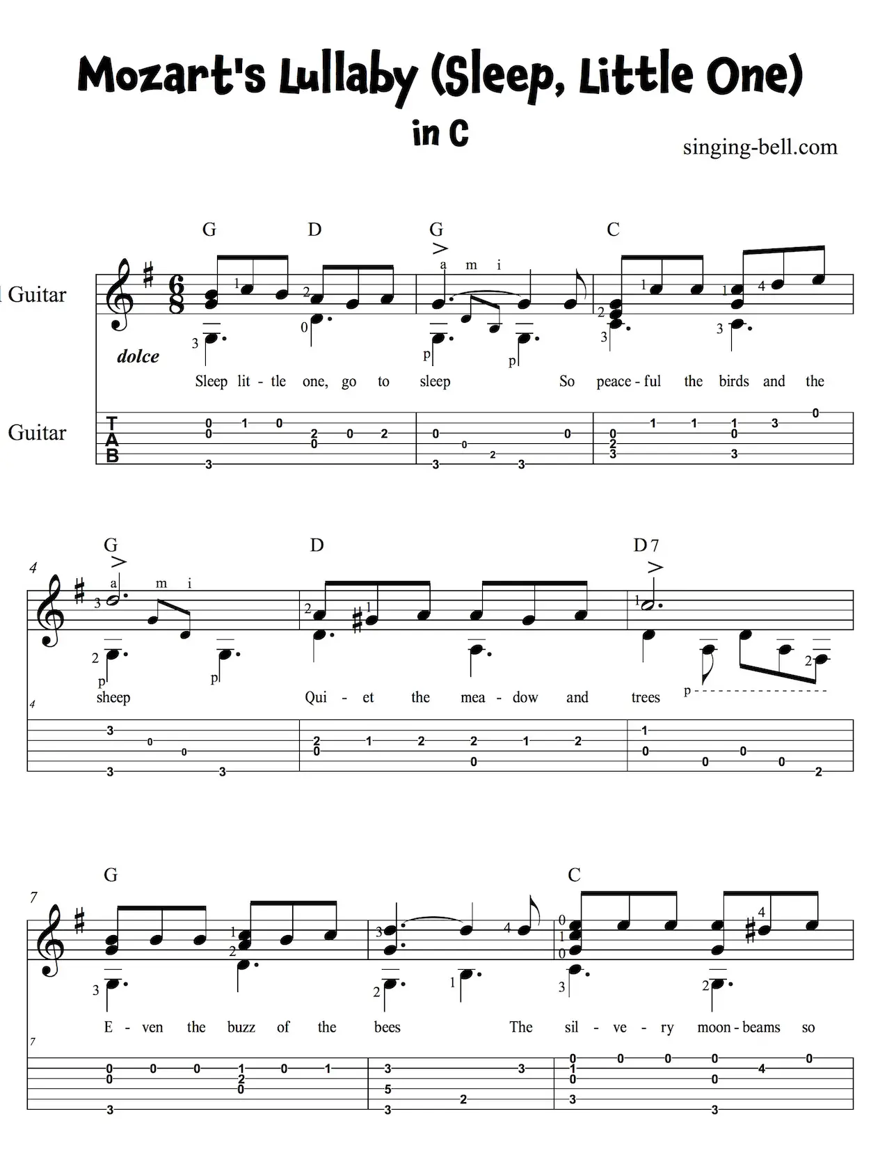 Mozart's Lullaby - Sleep Little One - Easy Guitar Sheet Music with Notes and Tablature page 1.
