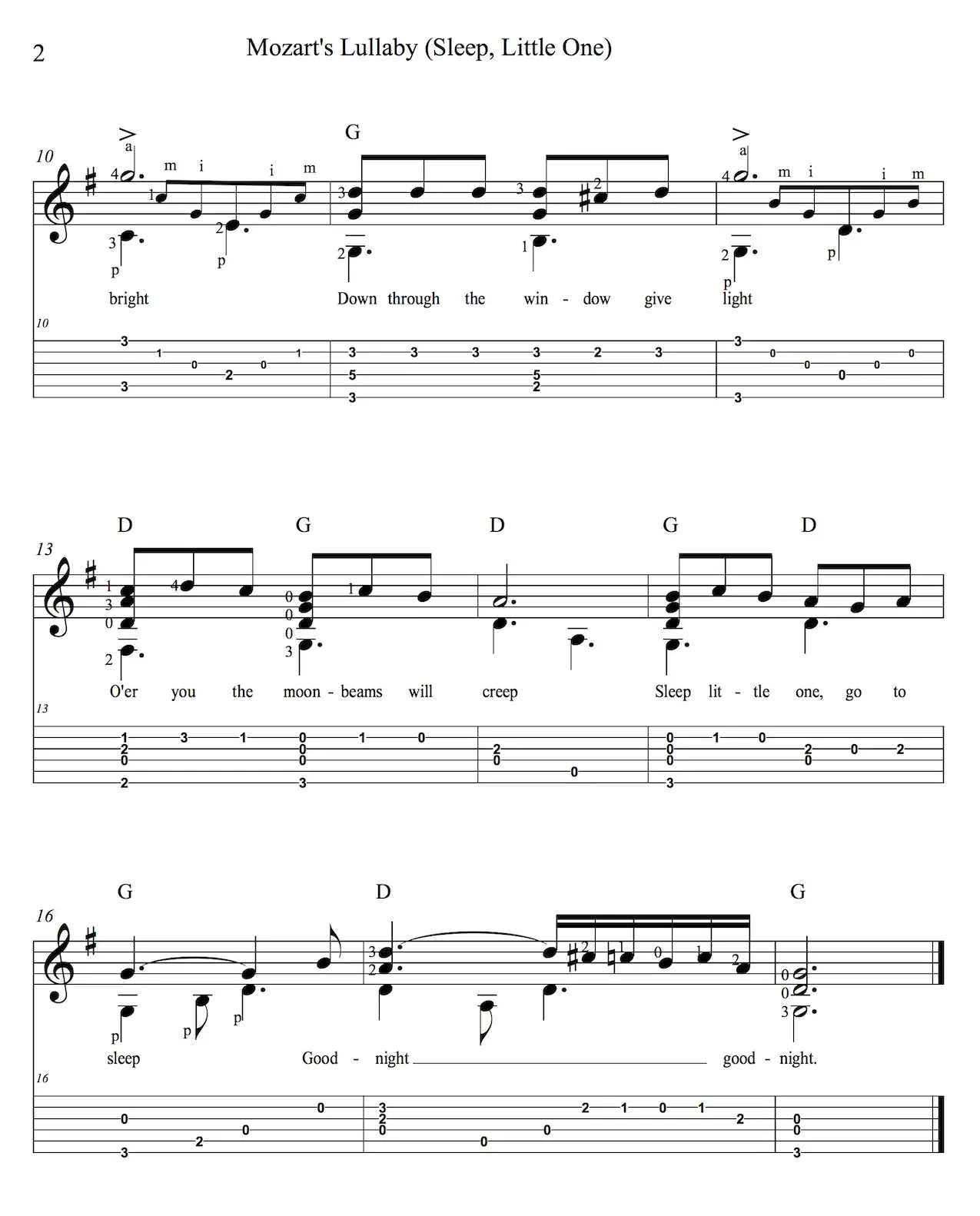 Mozart's Lullaby - Sleep Little One - Easy Guitar Sheet Music with Notes and Tablature page 2.