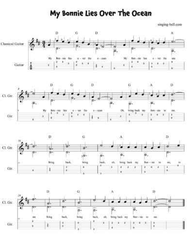 My Bonnie Lies Over The Ocean Easy Fingerpicking Guitar Sheet Music with notes chords and tablature.