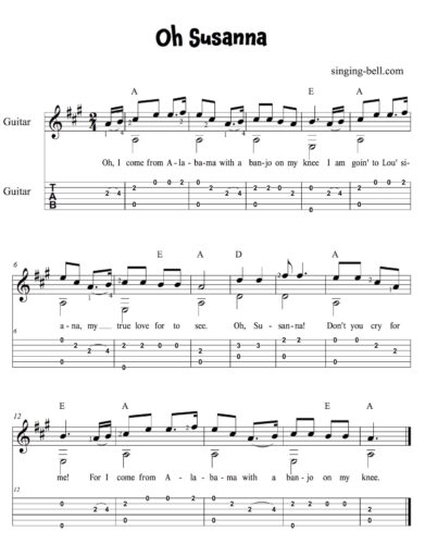 Oh Susanna Easy Guitar Sheet Music with notes and tablature.