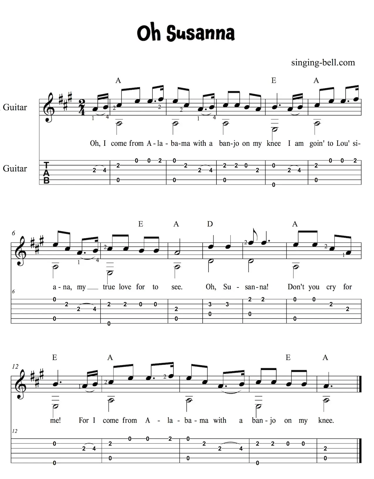 Oh Susanna Easy Guitar Sheet Music with notes and tablature.