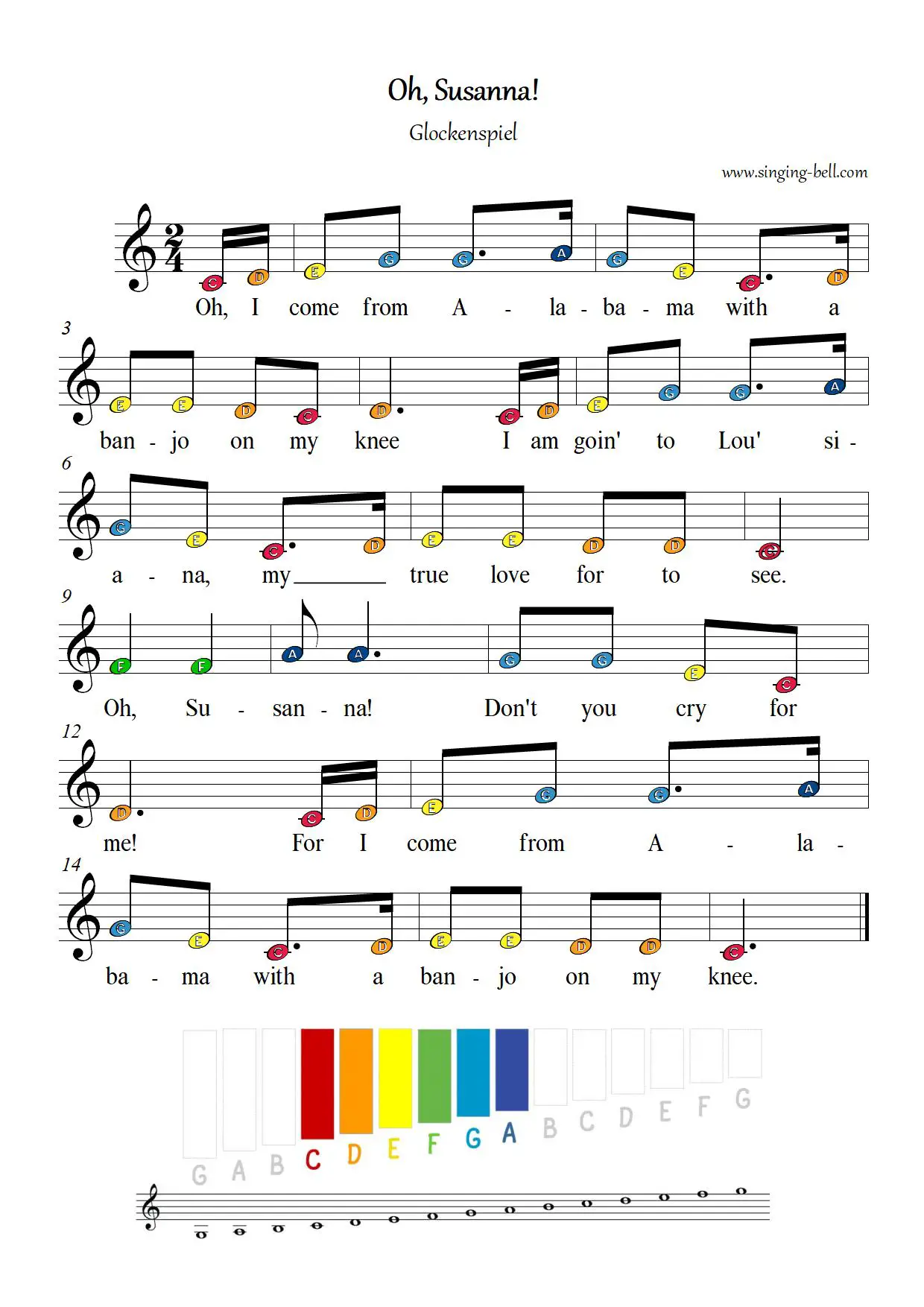 Oh Susanna free xylophone glockenspiel sheet music color notes chart pdf