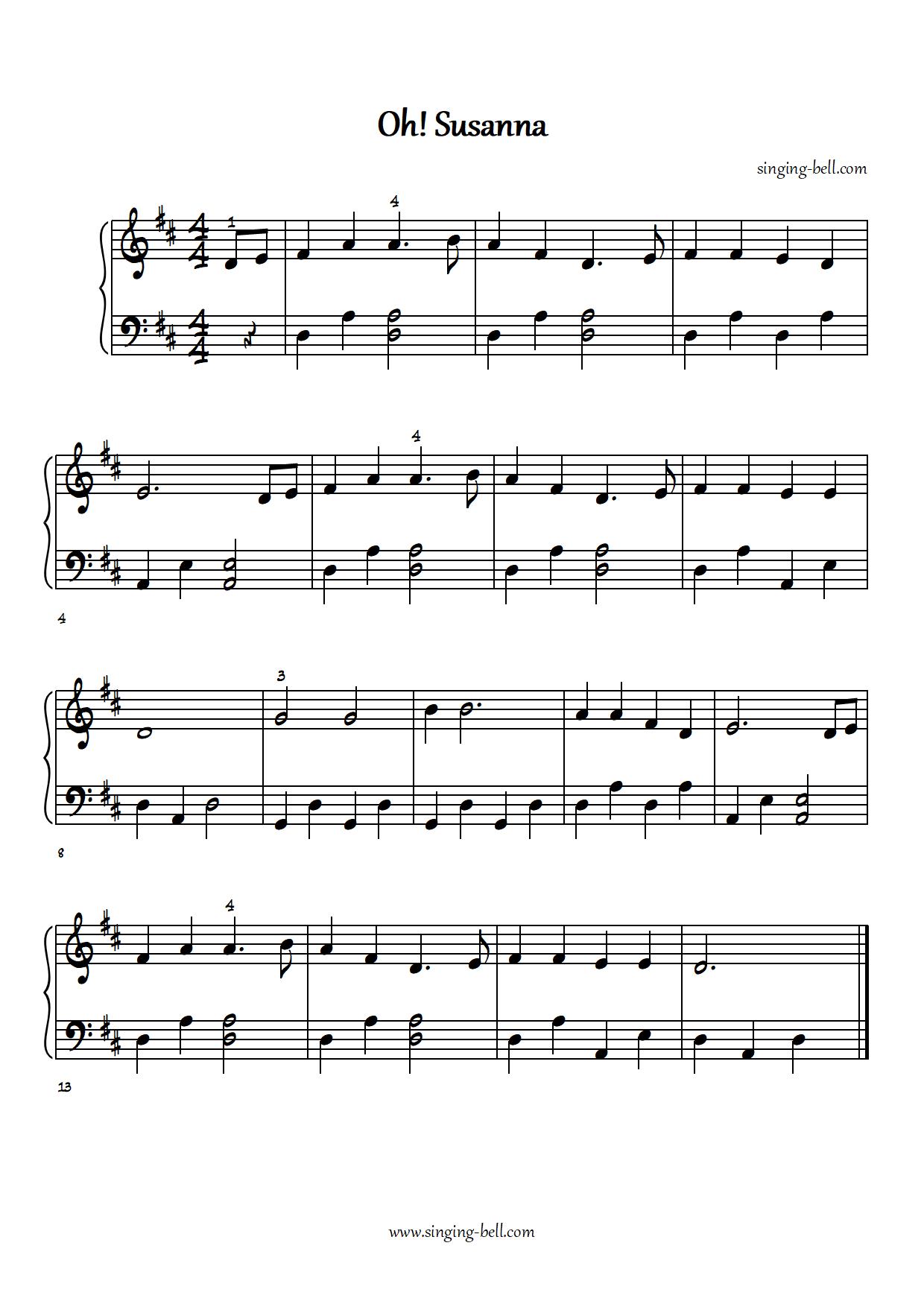 Oh Susanna easy piano sheet music notes chords beginners pdf