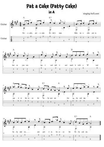 Pat A Cake (Patty Cake) Easy Guitar Sheet Music with notes and tablature.