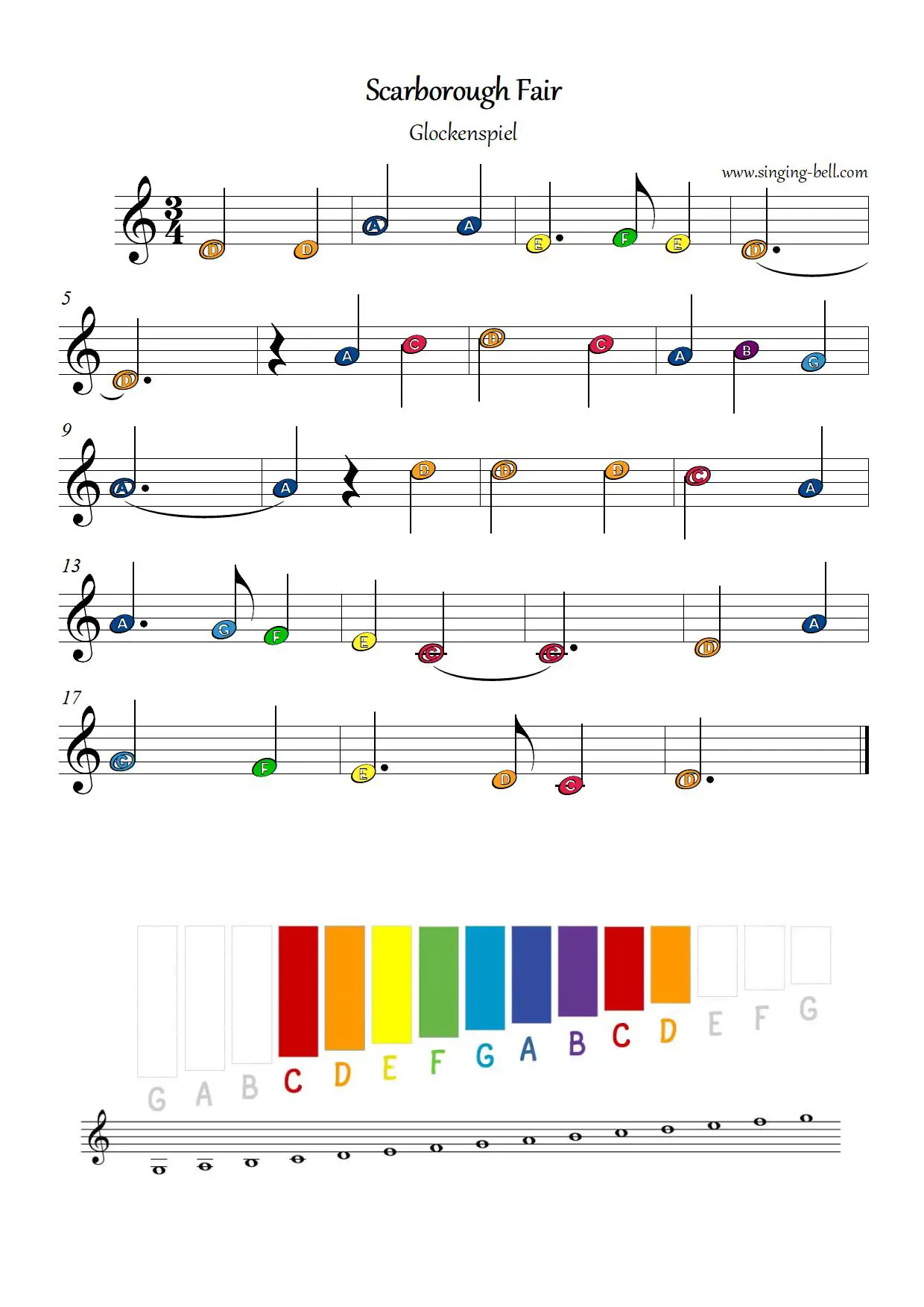 Scarborough Fair free xylophone glockenspiel sheet music color notes chart pdf