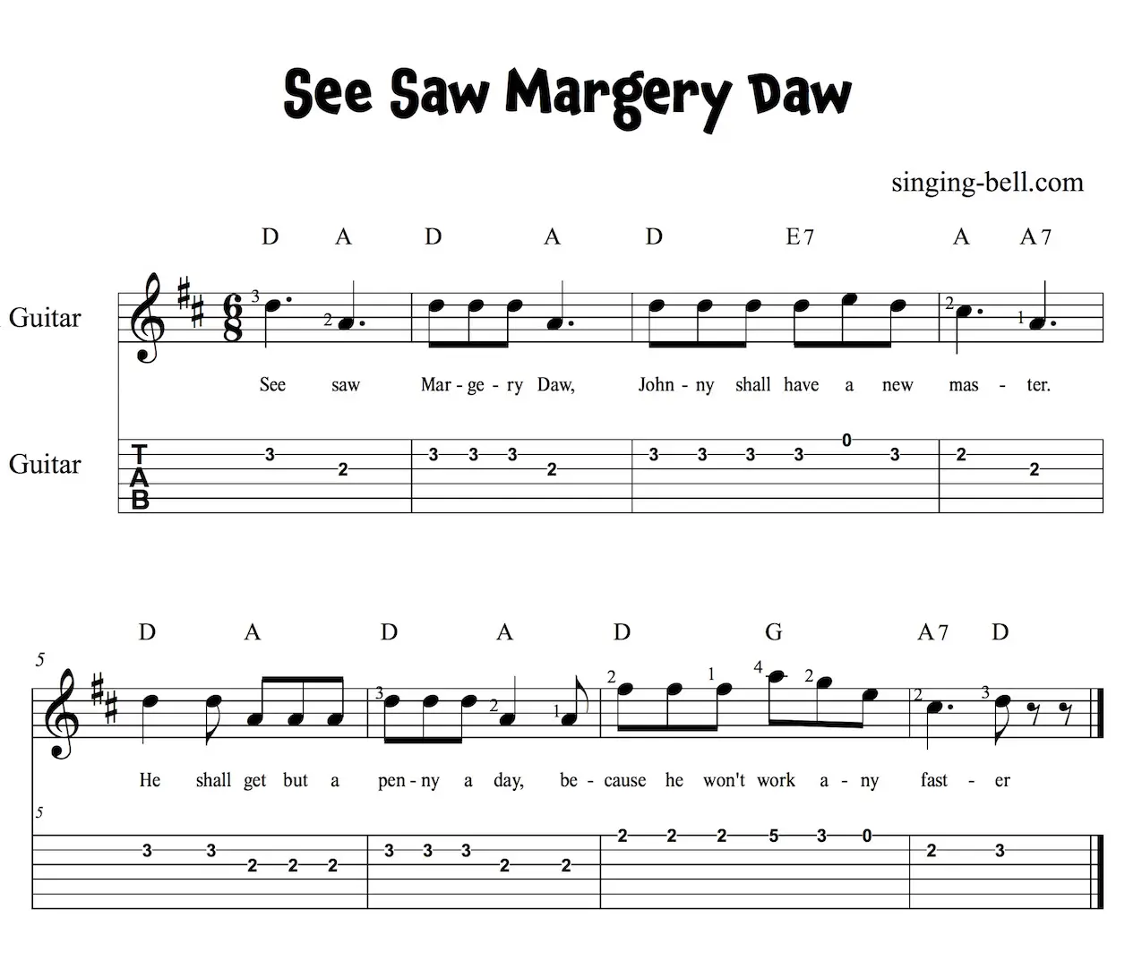 See Saw Margery Daw Easy Guitar Sheet Music with notes and tablature.