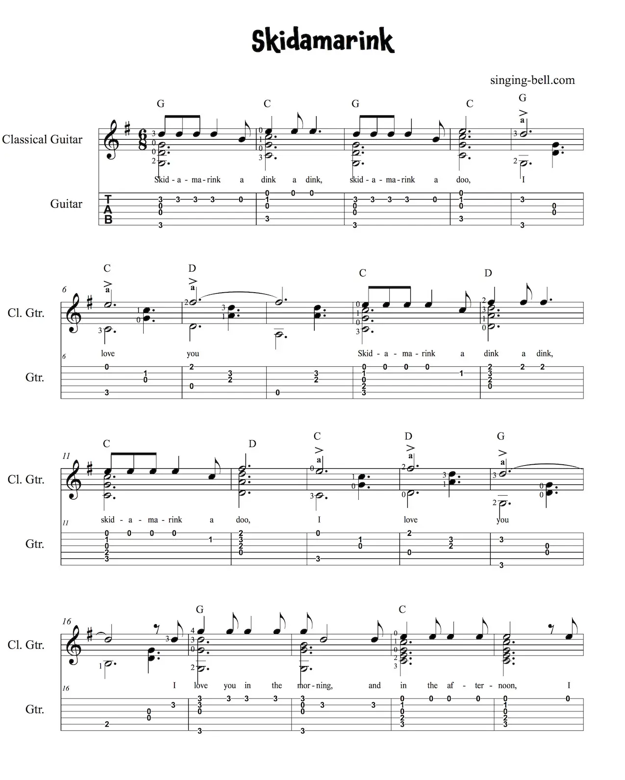 Skidamarink Easy Guitar Sheet Music for beginners with notes and tablature page 1.
