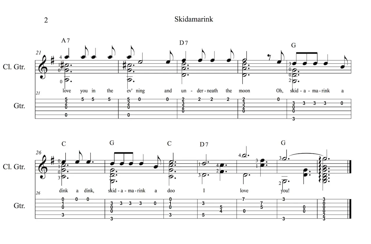 Skidamarink Easy Guitar Sheet Music for beginners with notes and tablature page 2.