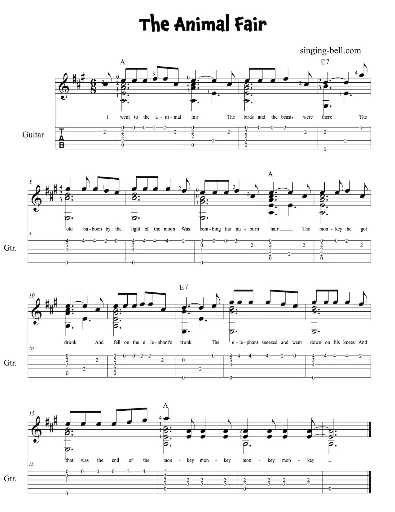 The Animal Fair Easy Guitar Sheet Music with Notes and Tablature.