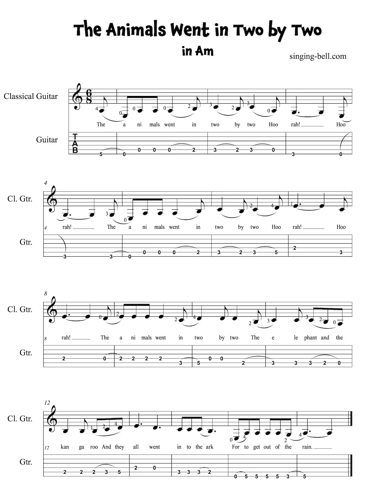 The Animals Went in Two by Two Easy Guitar Sheet Music with notes and tablature in Am.