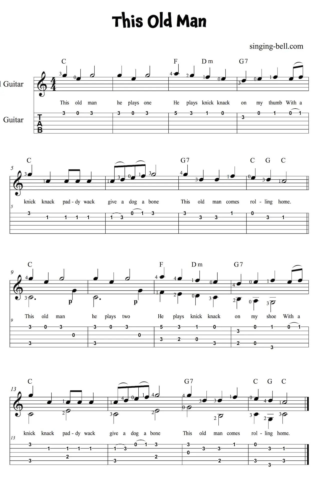 This Old Man Easy Guitar Sheet Music with notes and tablature.