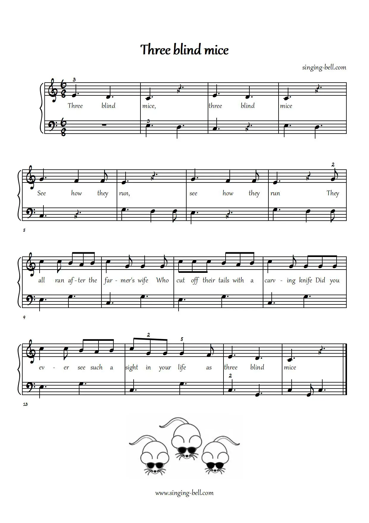 Three Blind Mice easy piano sheet music notes chords beginners pdf