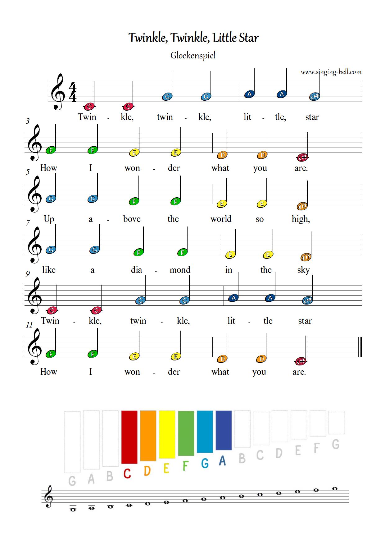 Twinkle Twinkle free xylophone glockenspiel sheet music color notes chart pdf