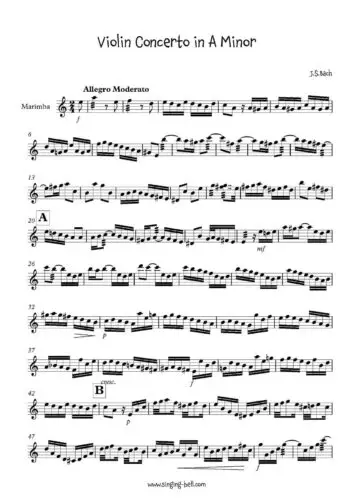 Bach Violin Concerto in A Minor Solo Marimba Sheet Music page 1