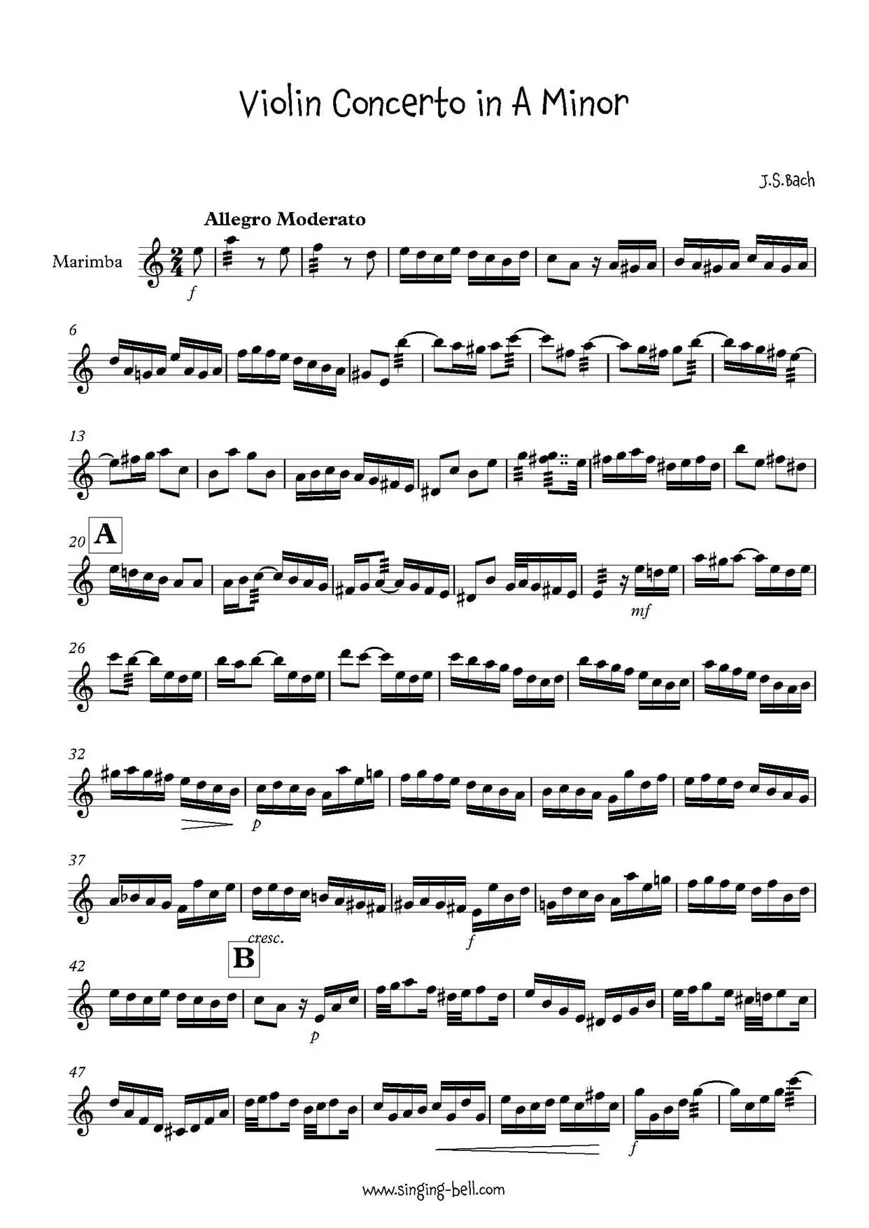 Bach Violin Concerto in A Minor Solo Marimba Sheet Music page 1