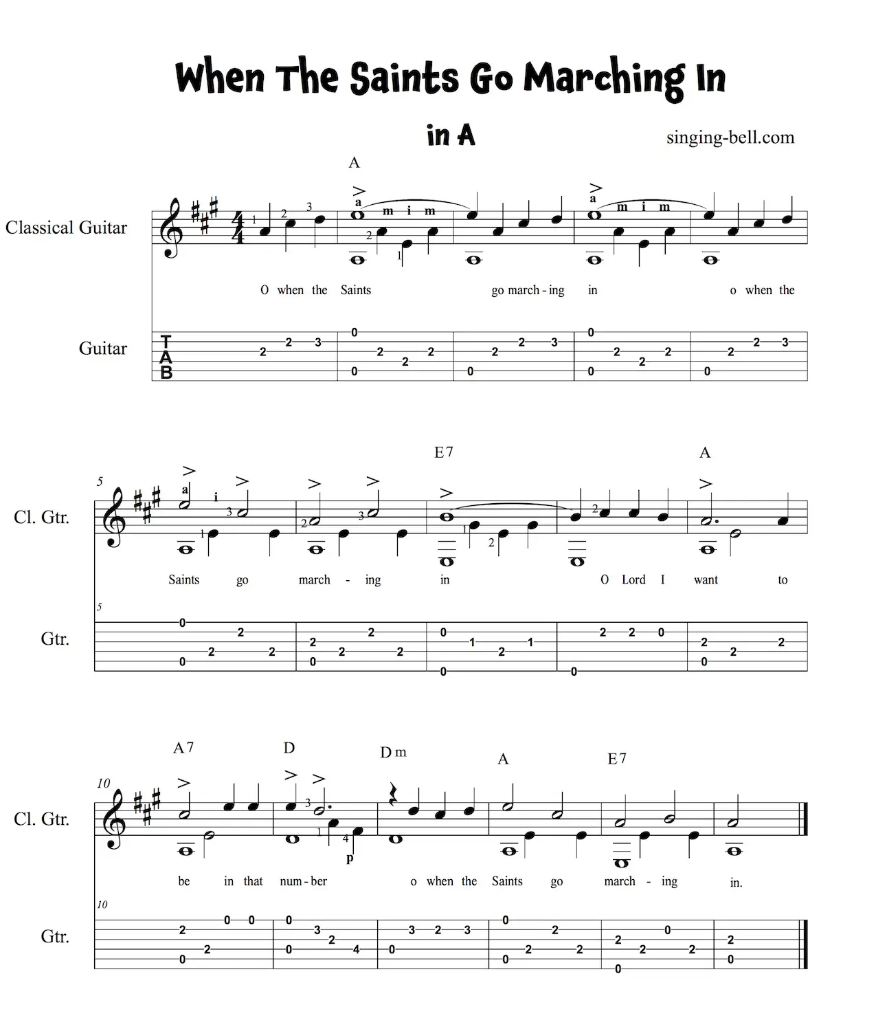 When The Saints Go Marching In Easy Guitar Sheet Music with notes and tablature in A.