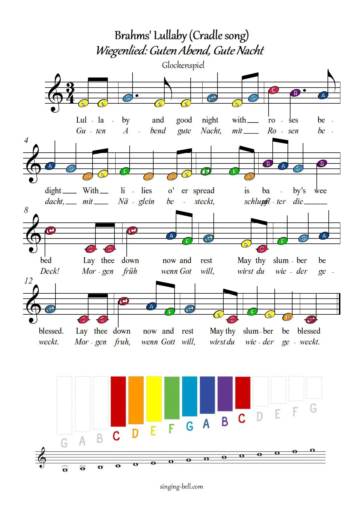 Brahms Lullaby wigenlied guten abend gute nacht free xylophone glockenspiel sheet music color notes chart pdf