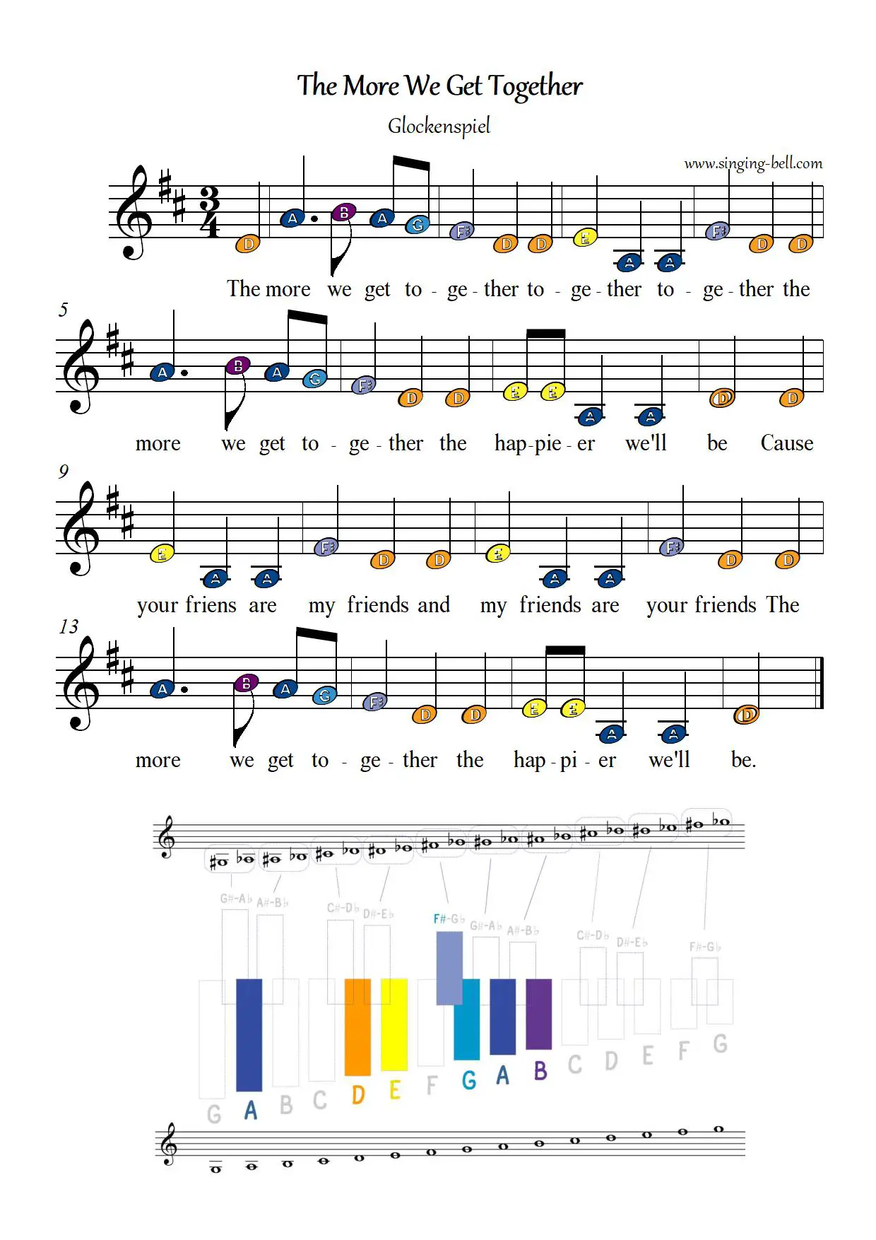 The more we get together free xylophone glockenspiel sheet music color notes chart pdf